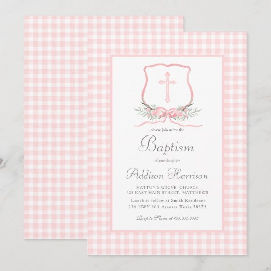 Roze Gingham Baptisme uitnodiging, meisje Baptism Kaart (Voorkant / Achterkant)