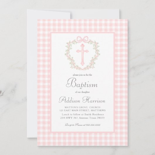Roze Gingham Baptisme uitnodiging, meisje Baptism Kaart (Voorkant)