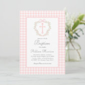 Roze Gingham Baptisme uitnodiging, meisje Baptism Kaart (Staand voorkant)