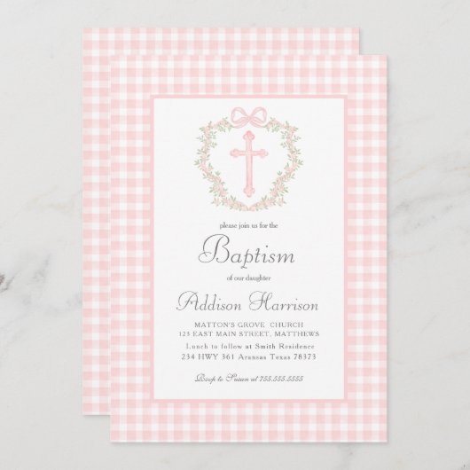 Roze Gingham Baptisme uitnodiging, meisje Baptism Kaart (Voorkant / Achterkant)