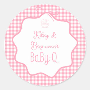 Roze Gingham Barbecue Meisje BBQ Baby-Q Baby Showe Ronde Sticker