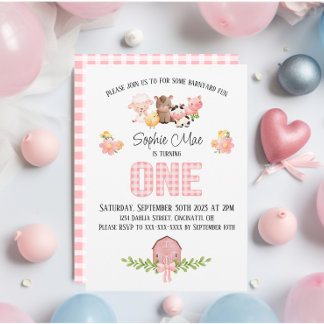 Roze Gingham Barnyard Eerste Verjaardag Uitnodigin Kaart