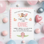 Roze Gingham Barnyard Eerste Verjaardag Uitnodigin Kaart