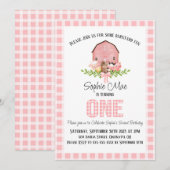 Roze Gingham Barnyard Eerste Verjaardag Uitnodigin Kaart (Voorkant / Achterkant)