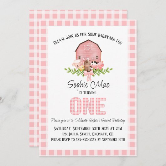 Roze Gingham Barnyard Eerste Verjaardag Uitnodigin Kaart (Voorkant / Achterkant)