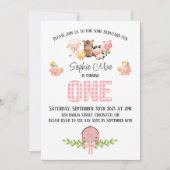 Roze Gingham Barnyard Eerste Verjaardag Uitnodigin Kaart (Voorkant)