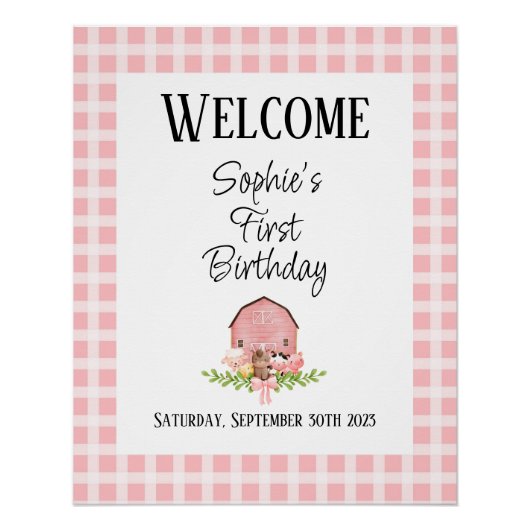 Roze Gingham Barnyard Glossy Welkom Poster (Voorkant)