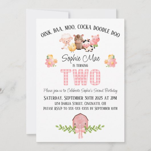 Roze Gingham Barnyard Tweede verjaardag uitnodigin Kaart (Voorkant)