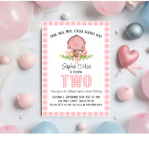 Roze Gingham Barnyard Tweede verjaardag uitnodigin Kaart
