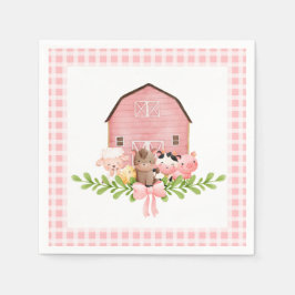 Roze Gingham Barnyard Verjaardag Papieren servette Servet