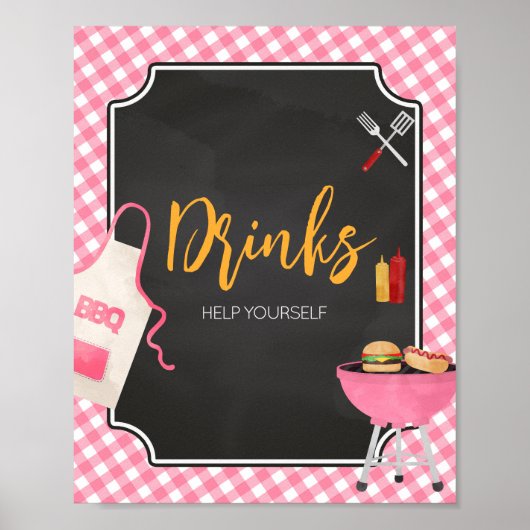 Roze Gingham BBQ Baby shower Drinken Teken Poster (Voorkant)