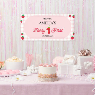 Roze Gingham "Berry 1e Verjaardag" Welkombanner Spandoek