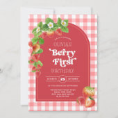 Roze Gingham Berry Eerste aardbei 1e verjaardag Kaart (Voorkant)