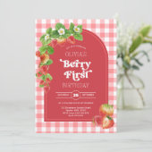 Roze Gingham Berry Eerste aardbei 1e verjaardag Kaart (Staand voorkant)