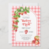 Roze Gingham Berry Eerste aardbei 1e verjaardag Kaart (Voorkant)