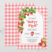 Roze Gingham Berry Eerste aardbei 1e verjaardag Kaart (Voorkant / Achterkant)