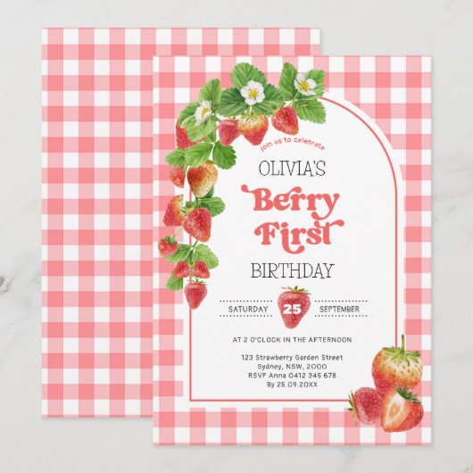 Roze Gingham Berry Eerste aardbei 1e verjaardag Kaart (Voorkant / Achterkant)