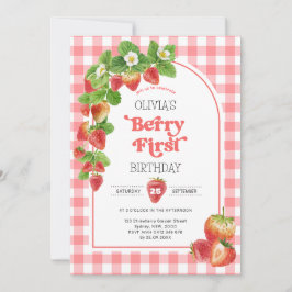 Roze Gingham Berry Eerste aardbei 1e verjaardag Kaart