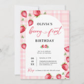 Roze Gingham Berry Eerste aardbei 1e verjaardag Kaart (Voorkant)