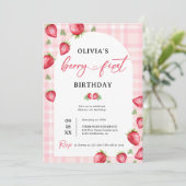 Roze Gingham Berry Eerste aardbei 1e verjaardag Kaart (Staand voorkant)