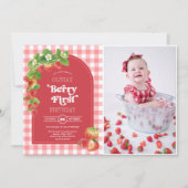 Roze Gingham Berry Eerste aardbei 1e verjaardag Kaart (Voorkant)