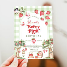 Roze Gingham Bes Eerste Aardbei 1e Verjaardag
