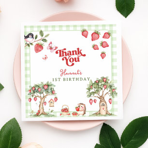 Roze Gingham Bes Eerste Aardbei 1e Verjaardag Servet