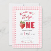 Roze Gingham Bes Eerste Aardbei Thema Kaart (Voorkant)
