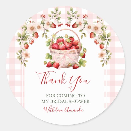 Roze Gingham Bes In Love Bruiloft Feest Ronde Sticker (Voorkant)