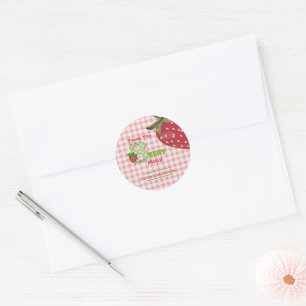 Roze Gingham Bes Zoete Aardbei Verjaardag Ronde Sticker