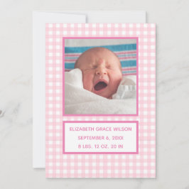 Roze Gingham Birth Announcement Card Aankondiging