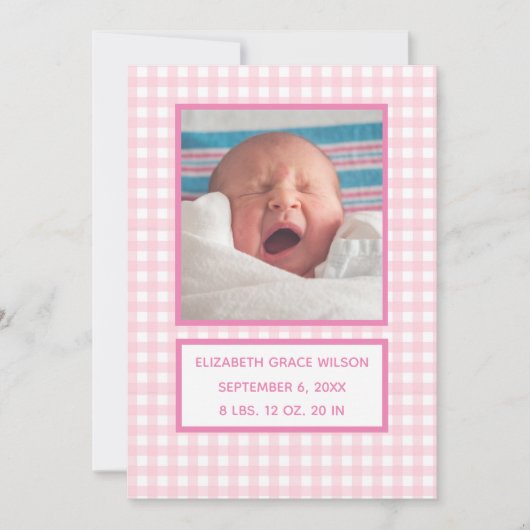 Roze Gingham Birth Announcement Card Aankondiging (Voorkant)