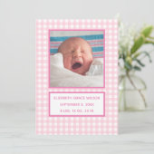 Roze Gingham Birth Announcement Card Aankondiging (Staand voorkant)