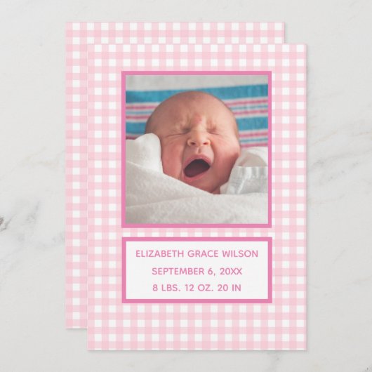 Roze Gingham Birth Announcement Card Aankondiging (Voorkant / Achterkant)