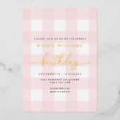 Roze Gingham Birthday Gold Foil Uitnodiging (Voorkant)
