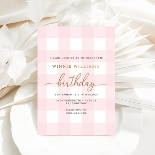 Roze Gingham Birthday Gold Foil Uitnodiging