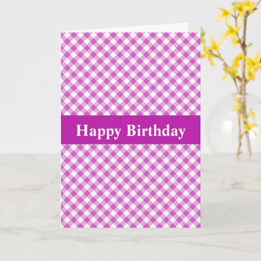  Roze Gingham Birthday Kaart (Gele Bloem)