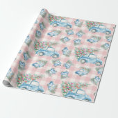 Roze Gingham Blauwe Kerst Vintage Auto Cadeaupapier (Uitgerold)