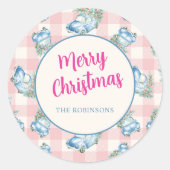 Roze Gingham Blauwe Vintage Kerstwagen Ronde Sticker (Voorkant)