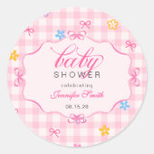 Roze Gingham Bloem Boog Baby Shower Sticker (Voorkant)