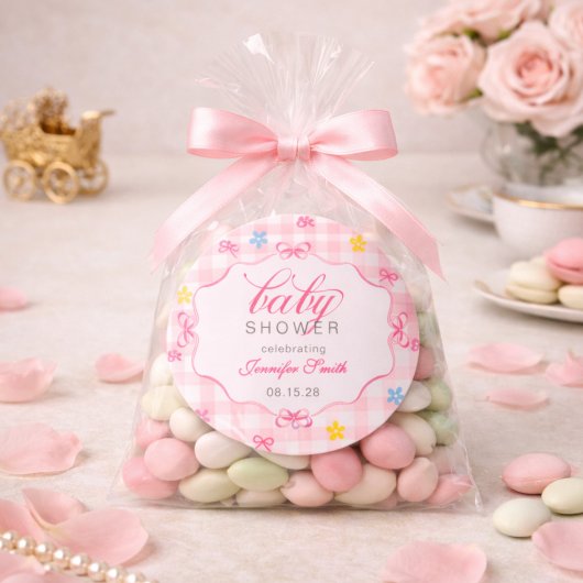 Roze Gingham Bloem Boog Baby Shower Sticker