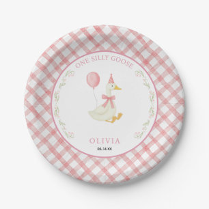 Roze Gingham Bloem One Silly Goose 1e Verjaardag Papieren Bordje
