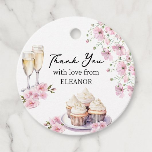 Roze Gingham Bloemen Champagne en Cupcake Bedankjes Labels (Voorkant)