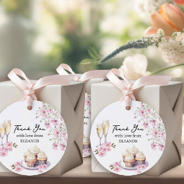 Roze Gingham Bloemen Champagne en Cupcake Bedankjes Labels