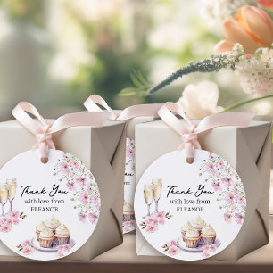 Roze Gingham Bloemen Champagne en Cupcake Bedankjes Labels