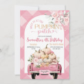 Roze Gingham Bloemen Herfst Pompoen Patch Verjaard Kaart (Voorkant)