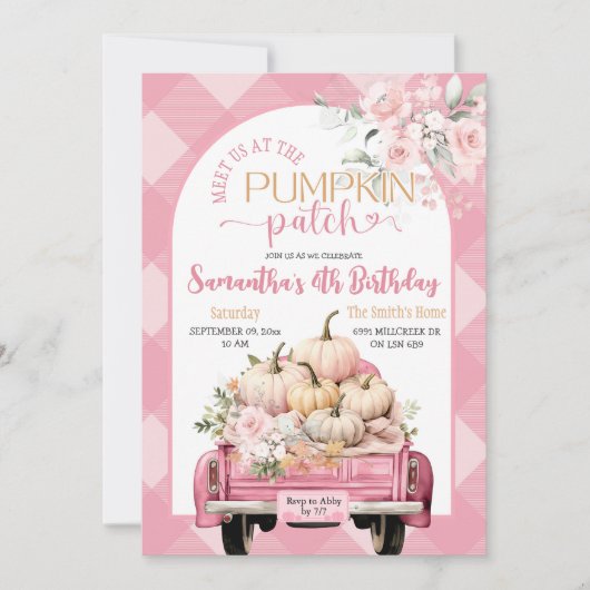 Roze Gingham Bloemen Herfst Pompoen Patch Verjaard Kaart (Voorkant)