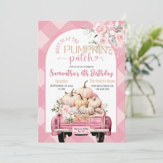 Roze Gingham Bloemen Herfst Pompoen Patch Verjaard Kaart (Staand voorkant)
