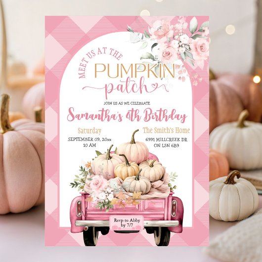 Roze Gingham Bloemen Herfst Pompoen Patch Verjaard Kaart