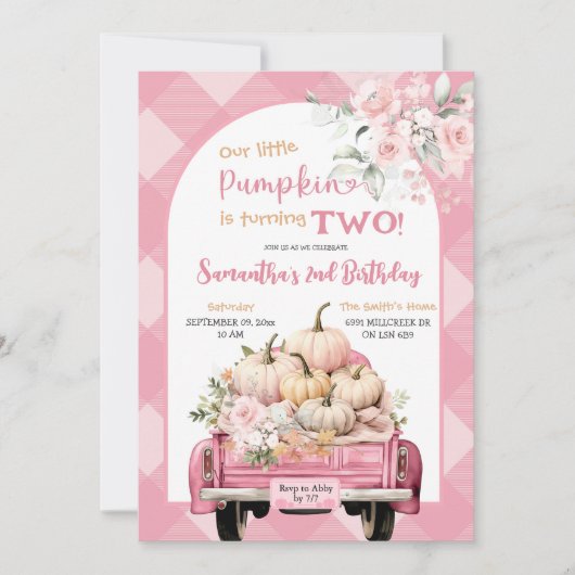 Roze Gingham Bloemen Herfst Pompoen Thema Verjaard Kaart (Voorkant)